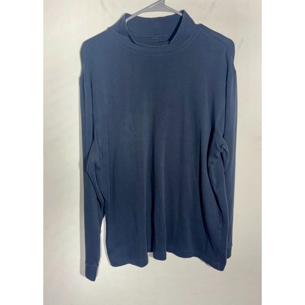 L.L.Bean Mens Large Mock Neck Shirt Navy Blue 100% Cotton Long Sleeve L